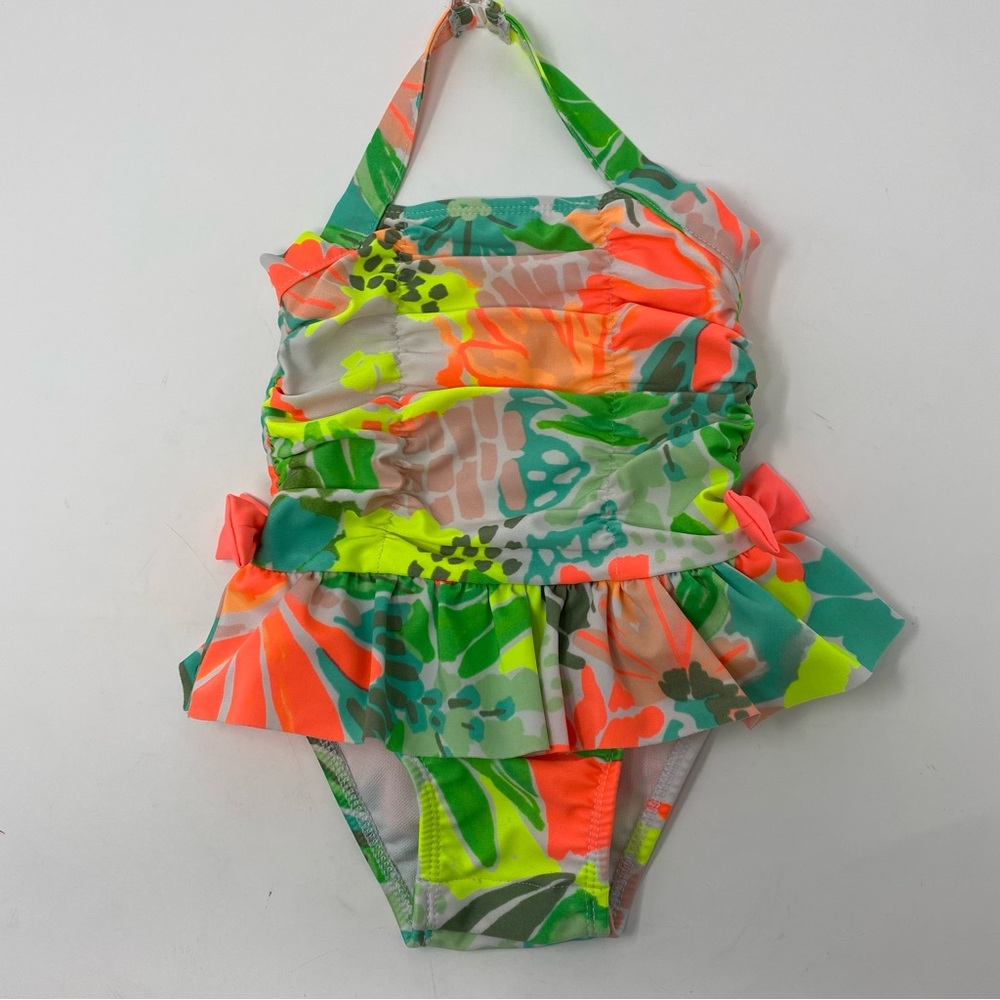 Cat & Jack Girls Swimsuit One Piece Neon Floral Ruched Ruffle Bows 12 months